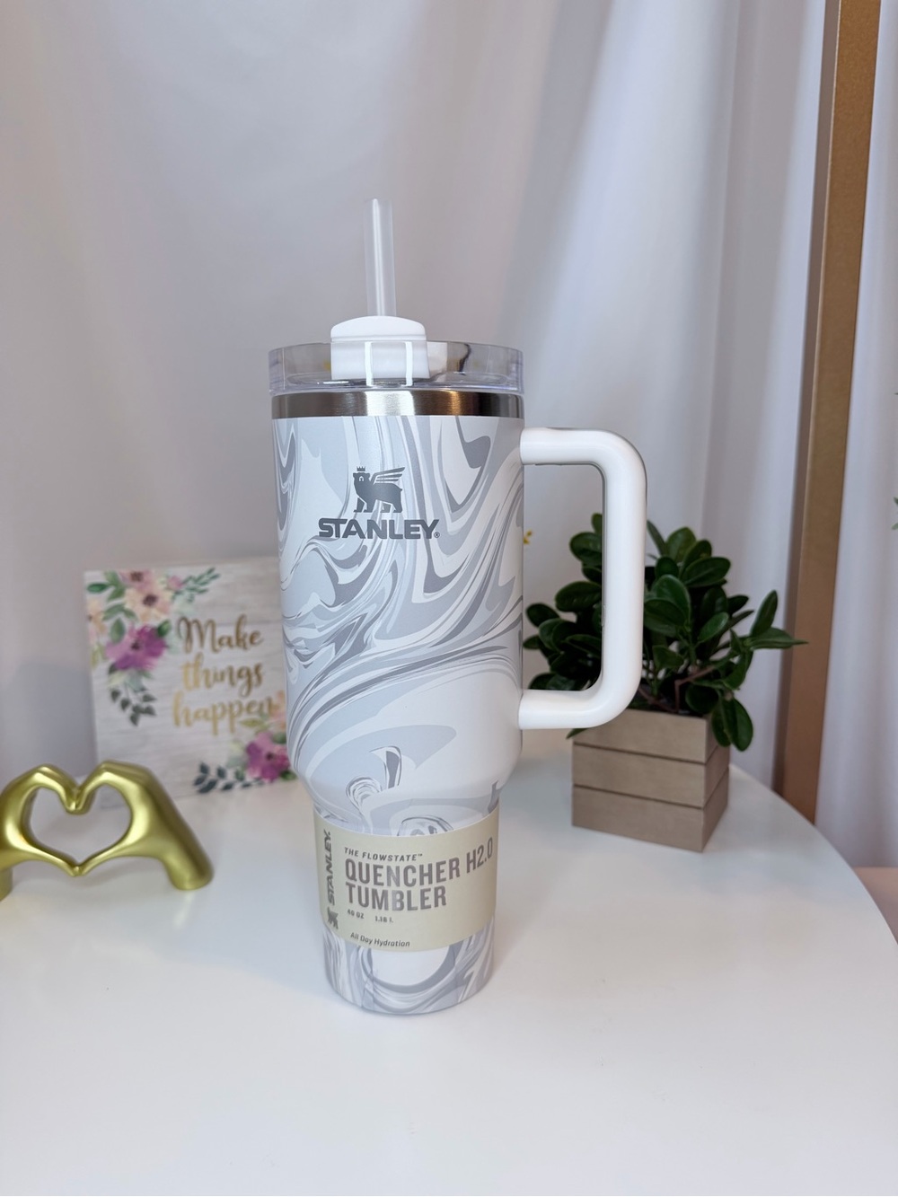 Stanley Marble White Insulated Tumbler with Handle and Clear Lid